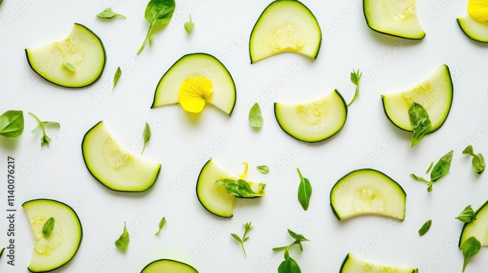 Poster fresh zucchini slices arranged artfully with herbs and flowers on a clean white background for a vib
