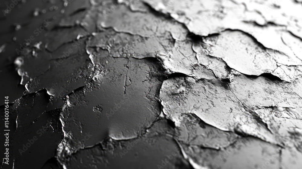 Poster Textured black surface with distressed and cracked paint creating a gritty and weathered appearance for artistic or design backgrounds.