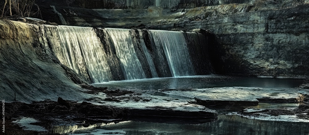 Poster serene duden waterfalls cascading over rock formations in a tranquil natural setting with reflective