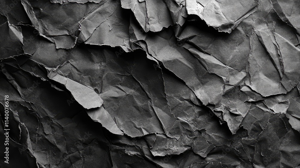 Poster crumpled black paper texture background with deep folds and wrinkles for creative design and artisti