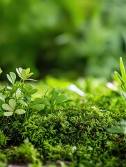 Lush Green Moss and Delicate Leaves in Vibrant Natural Environment Background