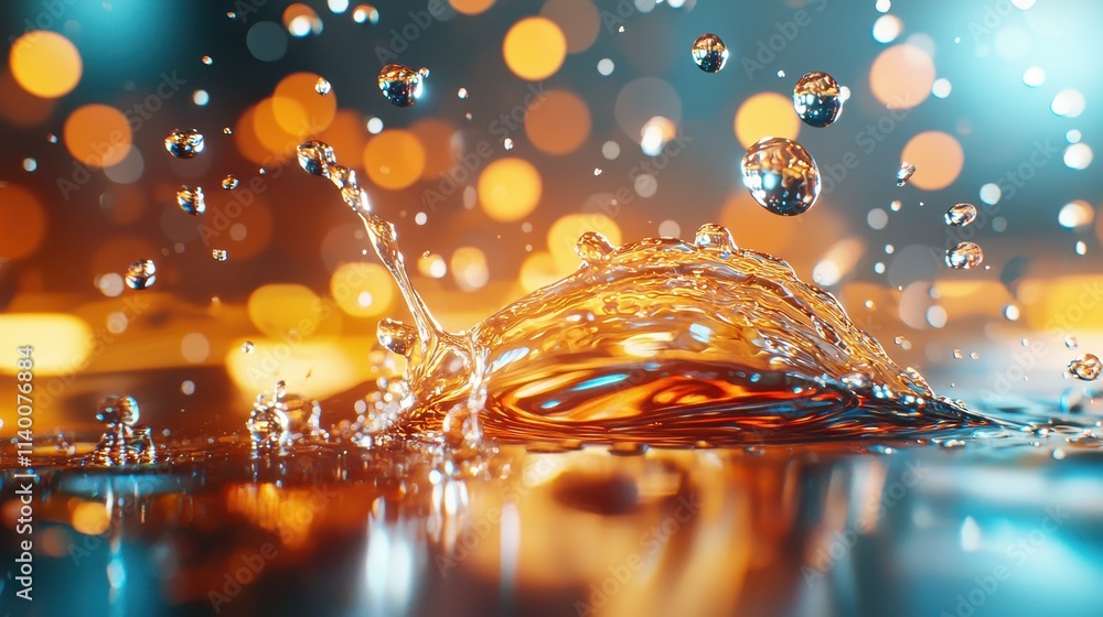 Poster captivating water splash with glimmering drops and colorful bokeh background