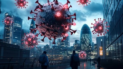 This image depicts a surreal city scene. Giant virus icons hover ominously over skyscapers. It symbolizes the impact of health crises on urban life. Generative AI. - Powered by Adobe