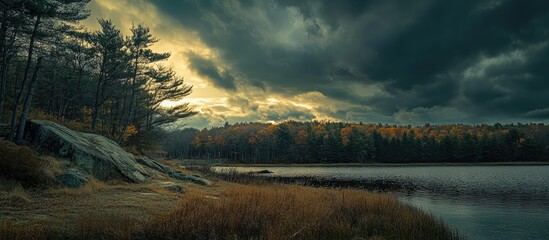 Eagle Hill Scenic Viewpoint Overlooking Serene Lake and Dramatic Stormy Sky in Nature Landscape