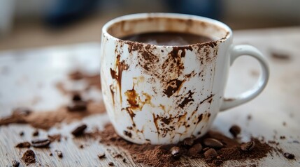 Dirty coffee cup with remnants of coffee and grounds on a wooden table creating a messy and unkempt atmosphere for a cozy setting.