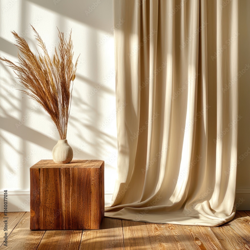 Poster soft light streaming through curtain with minimalist decor and natural elements