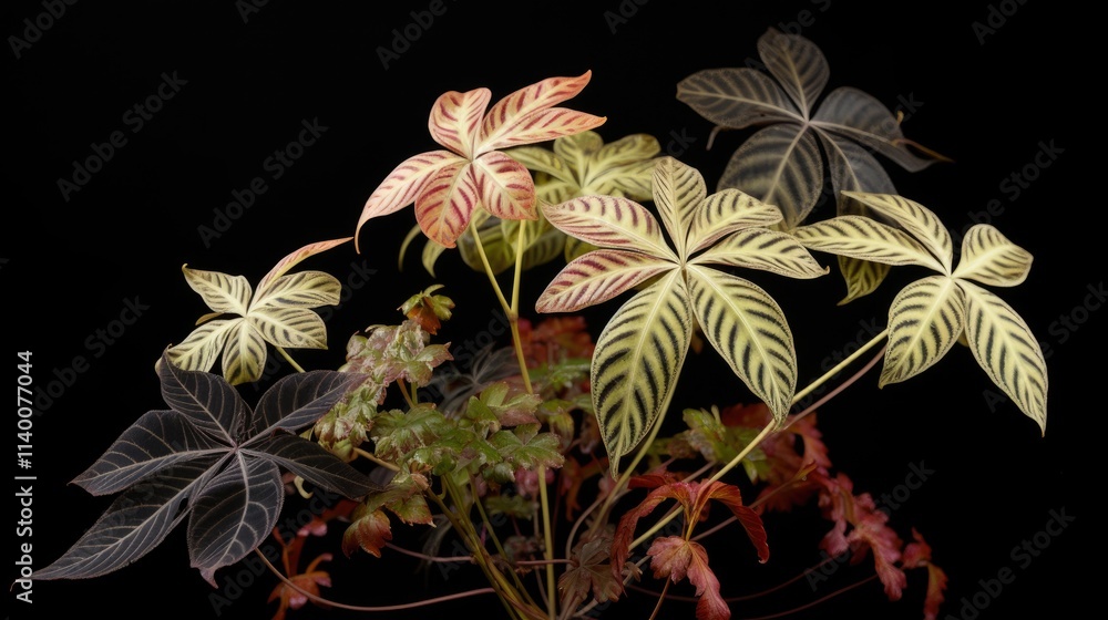 Poster variegated aralia plant showcasing intricate leaf patterns against a contrasting dark background for
