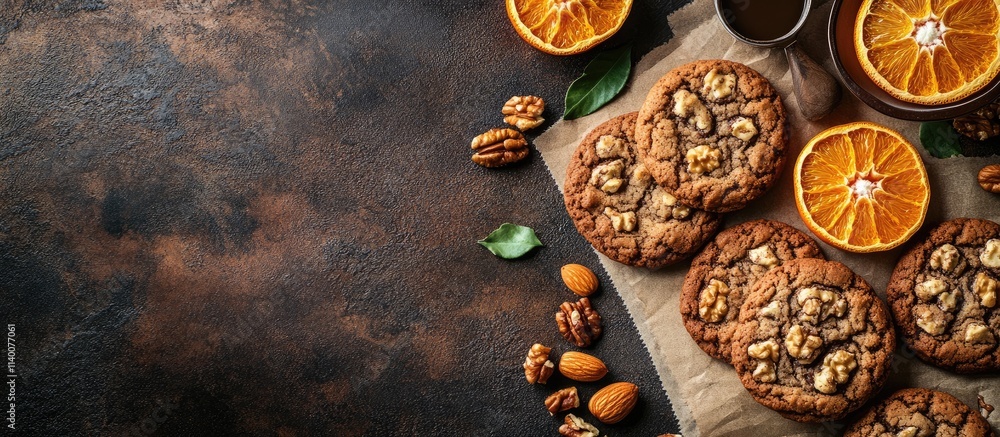 Aufkleber Delicious cookies with dried oranges nuts and baking tools on textured table with empty space for recipes or promotions