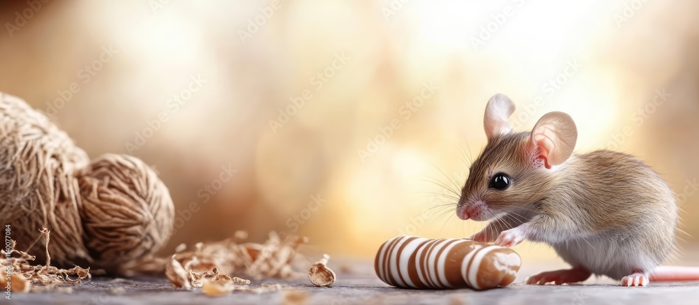 Aufkleber playful mice interacting with a striped caramel candy on a soft blurred background with space for te