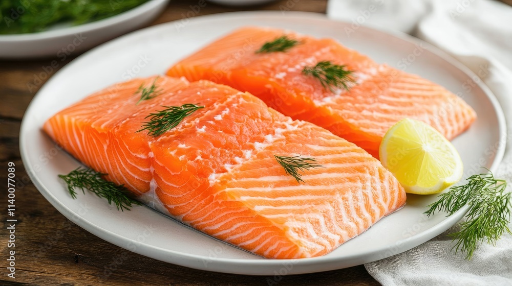 Poster fresh salmon fillet garnished with dill and lemon on a rustic plate perfect for showcasing culinary 