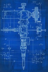 Obraz premium Detailed Blueprint of a Mechanical Drill with Technical Components and Annotations for Engineering and Design Purposes on a Classic Blueprint Background