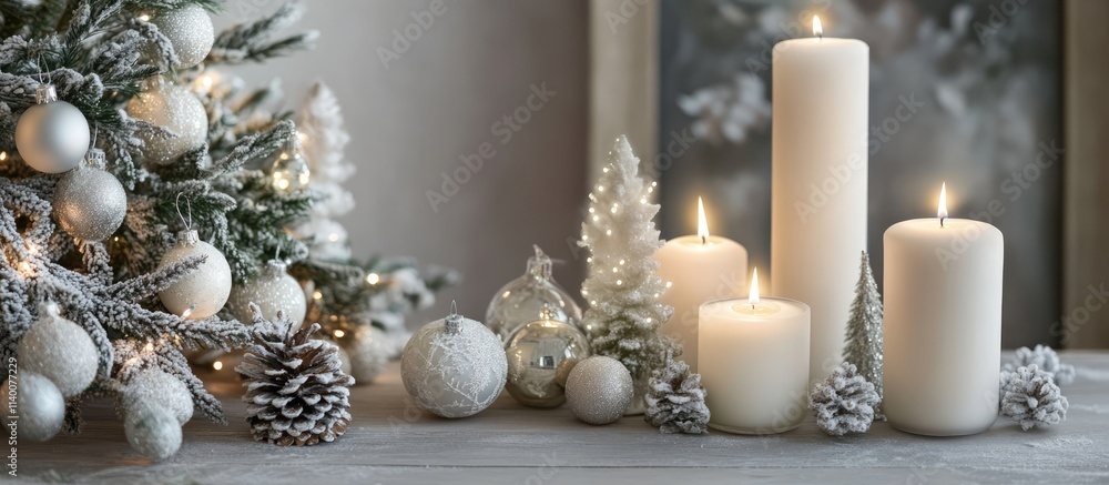 Poster christmas decorations with elegant candles and festive ornaments on a tabletop with a snowy tree for