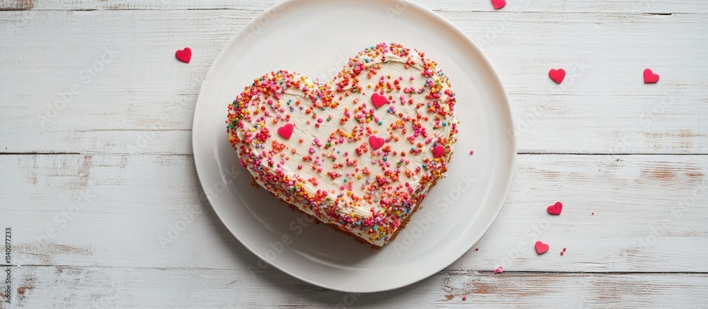 Poster heart shaped cake topped with colorful sprinkles on a white wooden table creating a festive and invi