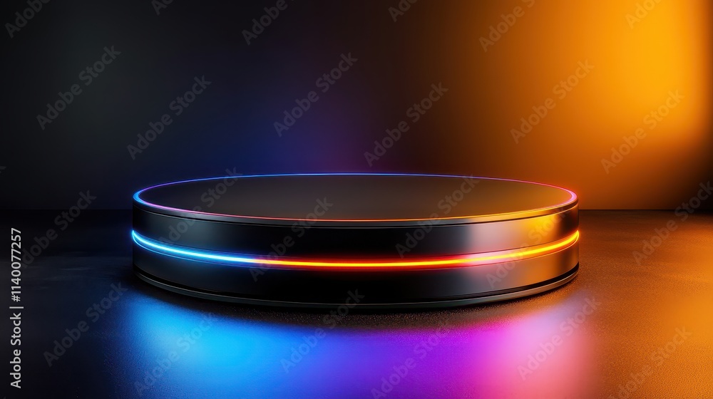 Poster Futuristic Round Platform with Neon Glow on a Dark Background for Creative Presentations