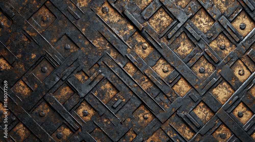 Poster Weathered and corroded metal plate surface with intricate geometric patterns and visible rust textures for industrial design backgrounds