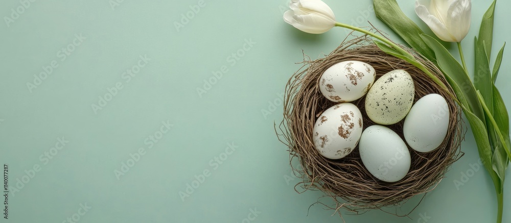 Poster easter decorative eggs in a nest with tulips on a light green background top view holiday celebratio