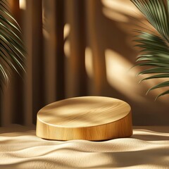 Minimalistic Wooden Disk on Soft Fabric Surrounded by Tropical Leaves and Light Shadows
