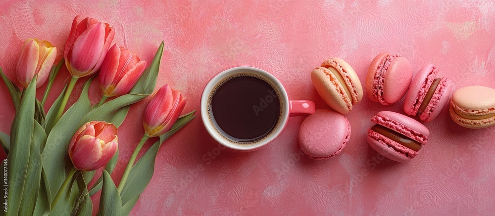 Poster coffee and macaroons with vibrant tulips on a soft pink background creating a warm and inviting ambi