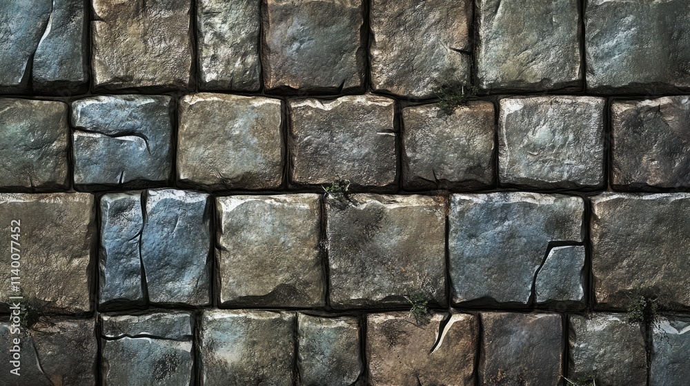 Aufkleber Weathered stone wall texture with uneven surfaces and moss for rustic backgrounds and architectural design projects.