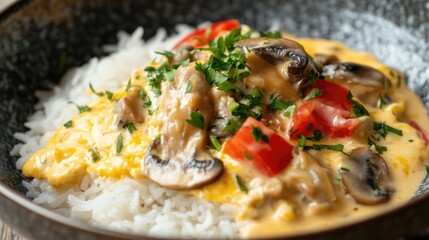 Creamy Mushroom Omelet Served on a Bed of Steamed White Rice Garnished with Fresh Herbs and Colorful Vegetables