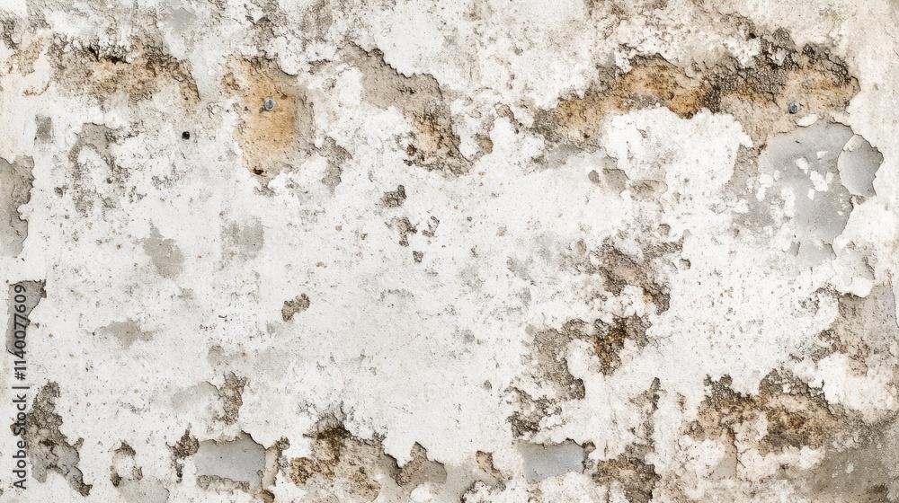 Poster weathered white concrete wall with peeling paint and textured surface showcasing age and neglect wit