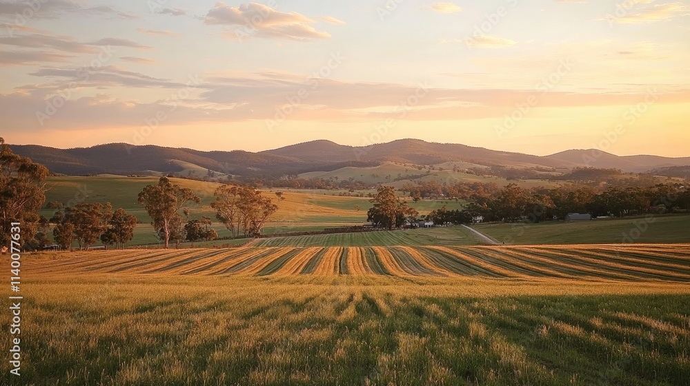 Poster serene sunset over rolling hills and fertile farmland with golden fields and distant mountains creat