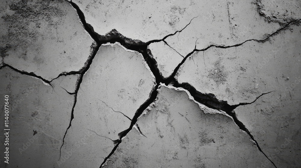 Poster cracked concrete wall texture with deep fissures suitable for backgrounds and design elements in mod