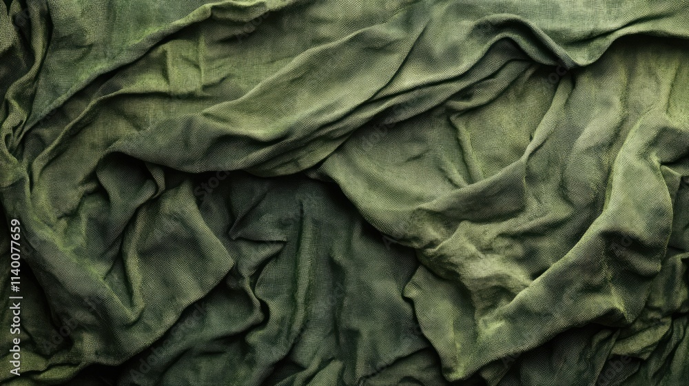 Poster worn textured green fabric with creases and folds ideal for backgrounds or textile design projects.