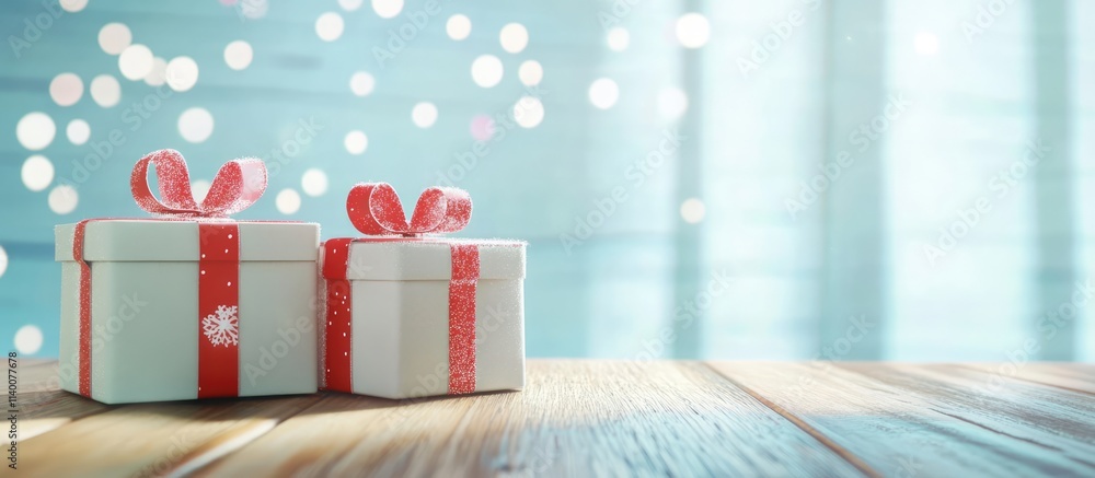 Poster Elegant holiday gifts with red ribbons against a shimmering bokeh background creating a festive and joyful atmosphere.
