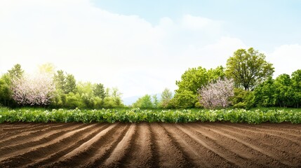 Obraz premium Scenic Landscape of Cultivated Fields with Blooming Trees and Lush Greenery