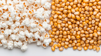 Creative conceptual photo of raw corn kernels and popped popcorn neatly divided, illustrating the before-and-after stages of popcorn preparation.  
