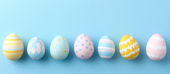 Fototapeta premium Colorful Easter eggs arranged on a vibrant blue background for festive holiday celebrations and springtime decorations