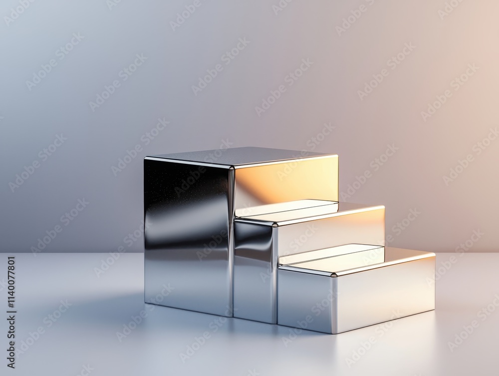 Poster modern silver stacked blocks with reflective surfaces and soft lighting effects