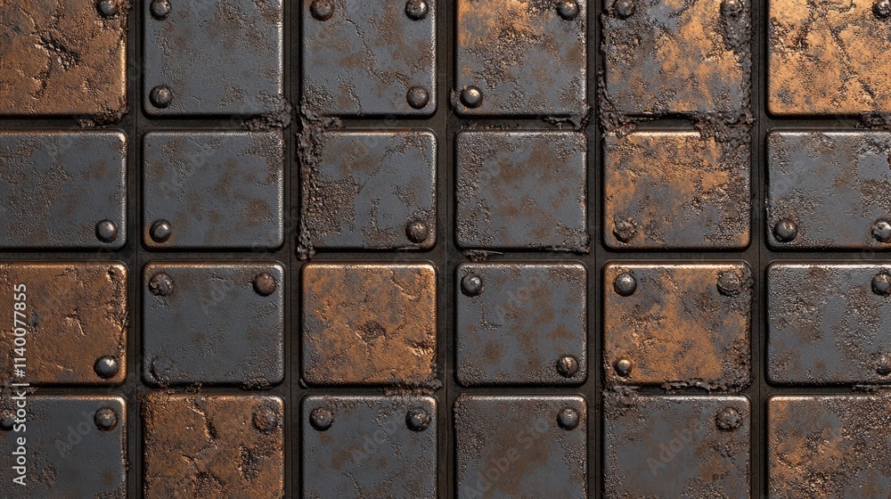 Poster rusty and weathered iron plate texture with square panels showcasing corrosion and aging effects for