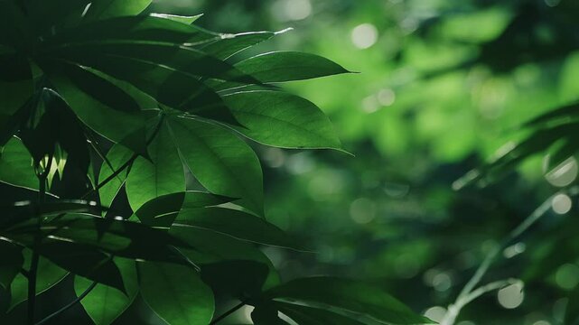 Leaves on branch of tree are moving in the wind in sunny weather with natural green blurry background.