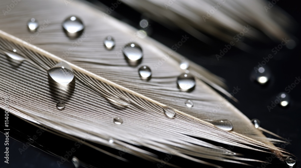 Poster Macro shot of grey goose feathers adorned with water droplets on a dark background showcasing tranquility and natural beauty.