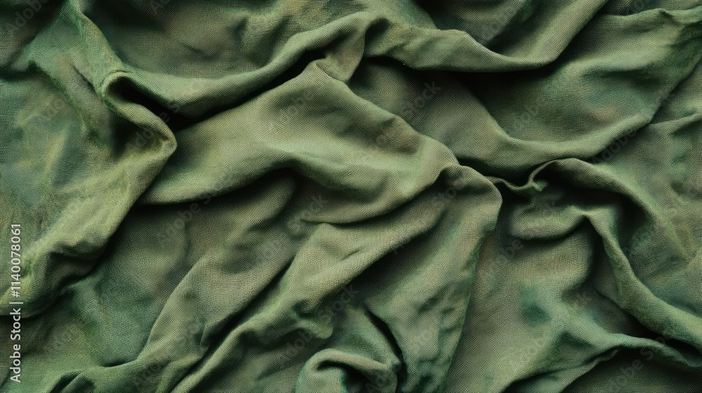Poster Worn and crumpled green fabric showcasing texture and imperfections for various design and textile applications