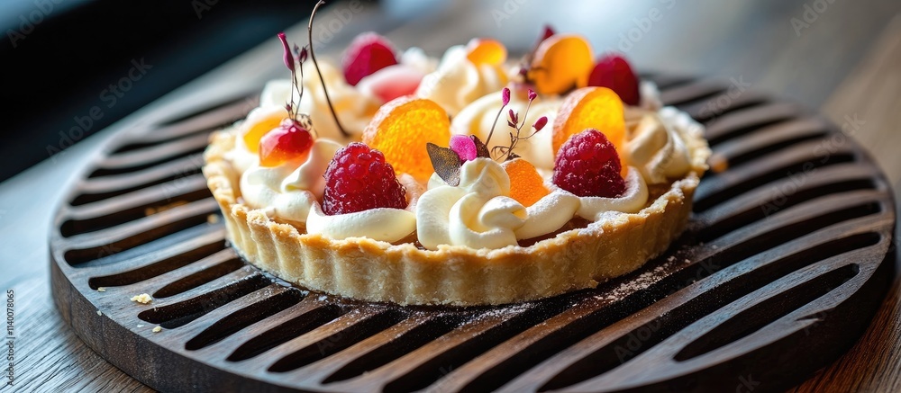 Poster almond flour pie with creamy filling topped with raspberries and candied fruit presented on a rustic