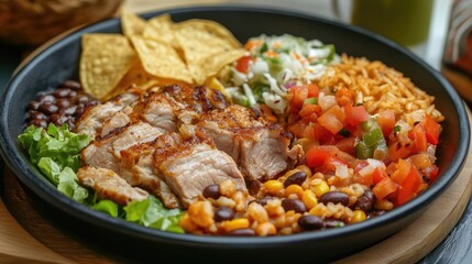 Colorful Mexican dish featuring grilled pork, rice, beans, tortilla chips, and fresh salad served in a black bowl on a wooden platter.