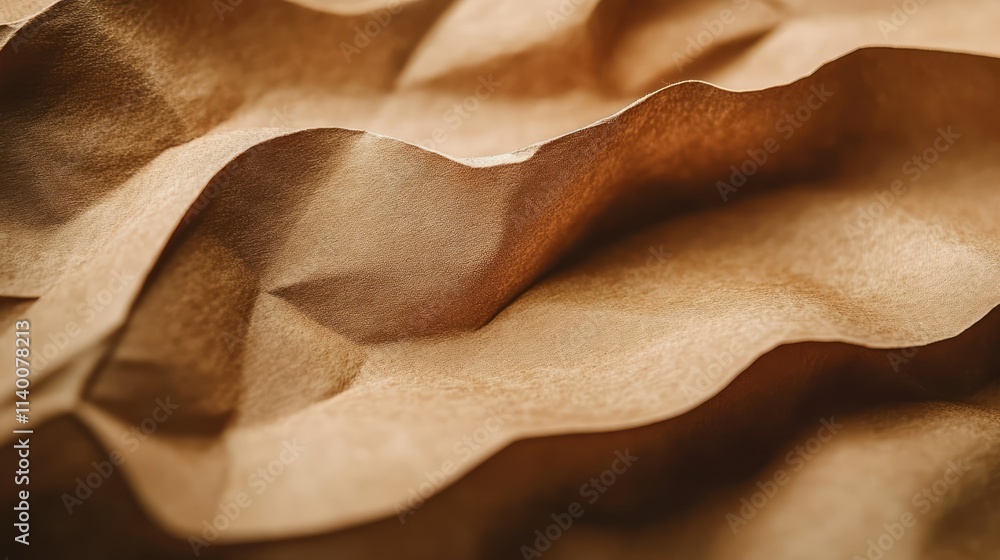 Poster rustic brown paper texture with detailed creases and folds in a close-up macro view for creative des