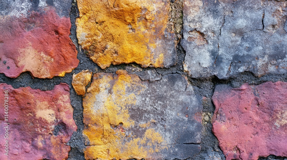 Aufkleber Colorful textured cement wall background with weathered appearance and distinct brick patterns for design and artistic use