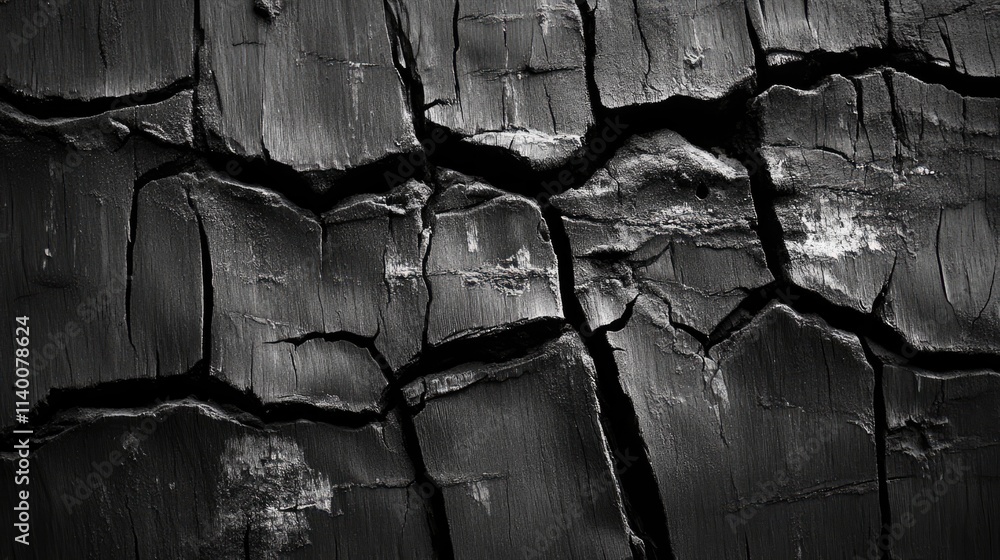 Poster black charred wood texture with deep cracks for design and background applications. high contrast an