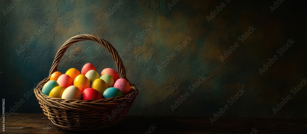 Poster colorful easter eggs in a basket on a dark wooden surface with a textured backdrop creating a festiv
