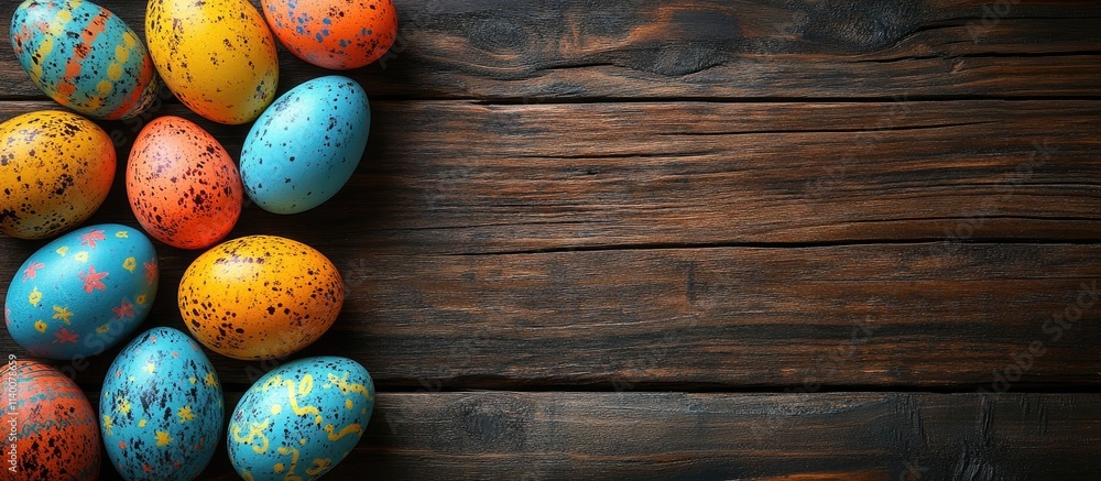 Poster colorful decorated easter eggs arranged on a rustic wooden table creating a festive seasonal atmosph