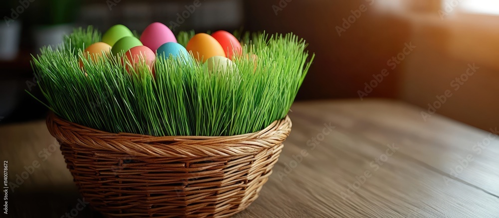 Poster easter themed background with a colorful egg filled basket set on wooden surface with artificial gra