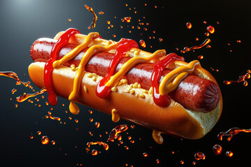 A hot dog topped with ketchup and mustard, surrounded by splashes of sauce.