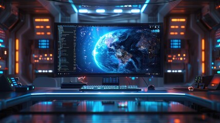 Futuristic Command Center with Earth Display
