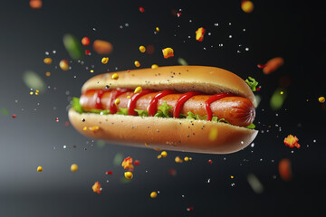 A vibrant hot dog with condiments, floating against a dark background.