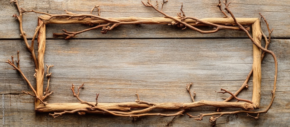 Poster rustic frame design made from branches on a wooden surface ideal for nature themed compositions and 