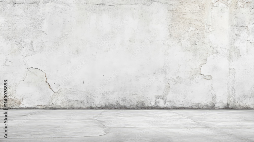 Poster textured white concrete wall with cracks creating a rustic background for artistic or architectural 